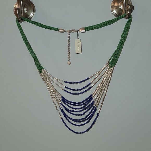 New TALBOTS Colorful Long Beaded Necklace ~ Green Blue Silver Beads $69.50 - Picture 1 of 16